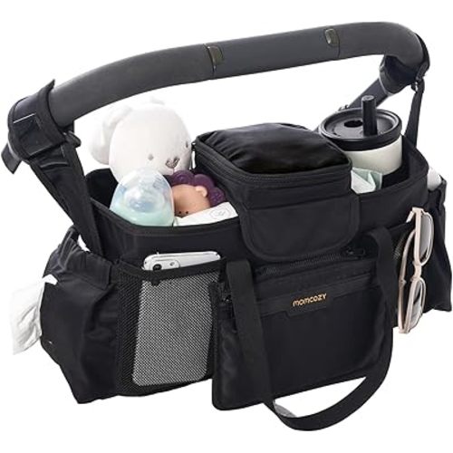 Momcozy Extra Large Stroller Organizer | with Food Grade Pacifier Teether Bag | 2 Insulated Cup Holder | Silicone Anti-Slip Straps | 3-Way Usage | Detachable Small Pouch | Fit for UPPAbaby/Doona