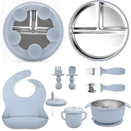 Silicone Baby Feeding Set，Baby Bowls with Suction,Toddler Tableware Set,3 Compartment Stainless Steel Silicone Bowl & Utensils (Blue)