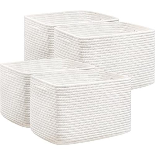 UBBCARE 4 Pack Baskets for Organizing, Woven Storage Baskets for Toys and Towel, Rectangle Cotton Rope Basket with Handles, 15''L x10''W x9''H, White
