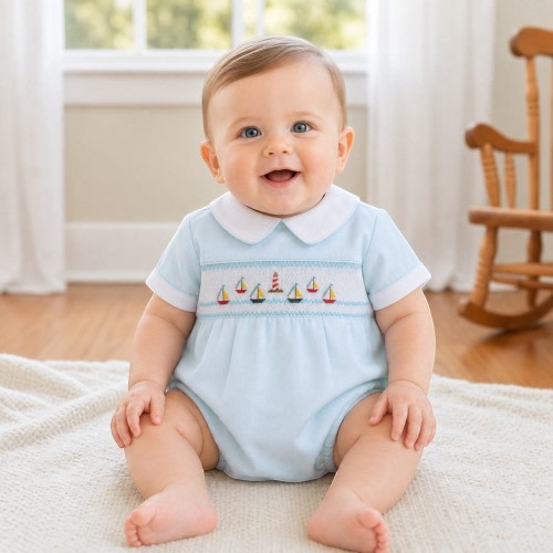 Light Blue Smocked Sailboat Bubble Romper – Carriage Boutique
