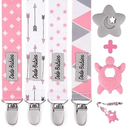 Dodo Babies Pacifier Clip & Teether Toy Set - Four Clips Plus Two Silicone Teether Toys - Universal Holder Fits Most Paci Brands - Fun Pink and Gray Prints for Girls or Boys