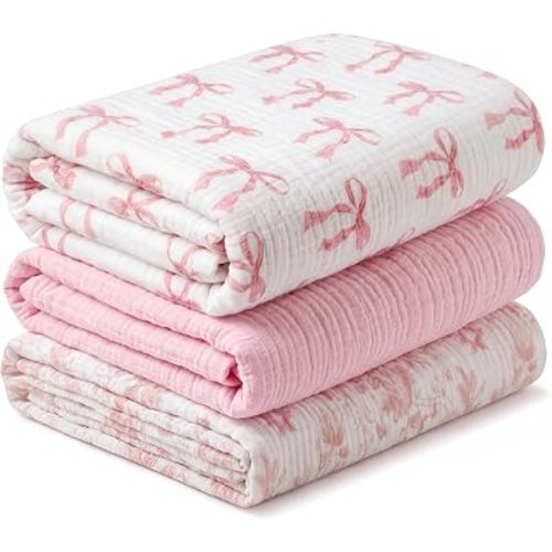Gilprop Muslin Baby Swaddle Blankets 47x47 Soft Cotton,3 Pcs,Girls' Style