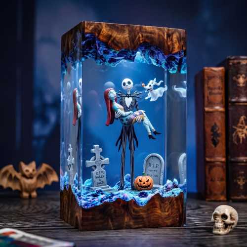 Haunted Tombstone Romance Resin Lamp, Gothic Skeleton Couple Graphic Night Light, Cemetery Love Story Fan Movie Inspired Halloween