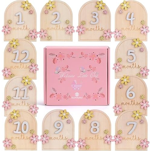 Monthly Baby Milestone Signs - Baby Monthly Milestone Wooden Circles for 1-12 Month Photos & Gender Neutral Announcement Cards (Flower Ready-to-Use)