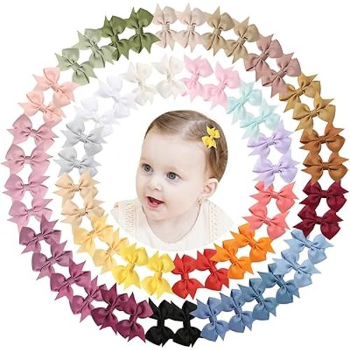 doboi 60PCS 2'' Baby Hair Clips Small Bows Fully Lined Grosgrain Boutique Solid Ribbon Mini Bows for Girls Teens Infants Kids Toddlers Newborn