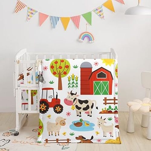 Crib Bedding Set,3pcs Nursery Cartoon Animal Farm Printed Crib Bedding Set,with Comforter Sheet & Skirt for Baby Boys and Girls(Animal)