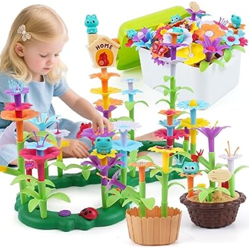 Flower Garden Building Toy for Toddler - Birthday Gifts for Preschool Kids Age 3-5 5-7 Years Old, Educational STEM Set with 140 Pieces, Girls Stacking Pretend Play Gardening Kit