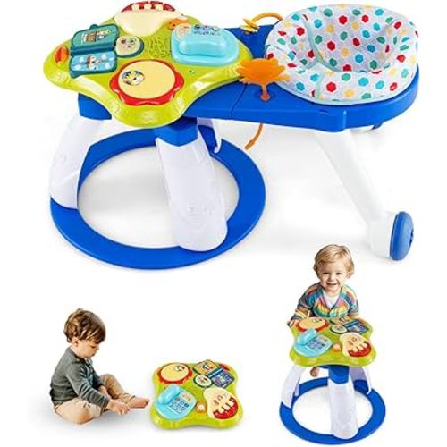 INFANS 3 in 1 Walk Around Baby Activity Center, Baby Walker with Play Table, Wheels, Detachable Seat Cushion, 3 Adjustable Heights, Learning Toys for Boys Girls Aged 6-36 Months (Blue)