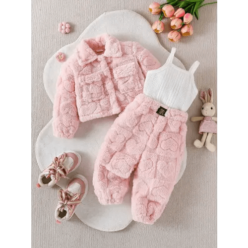Three-Piece Baby Girl Set, Plush Long Sleeve Jacket, Pants, and Tank Top, Warm and Cozy, Perfect for Home and Outdoors, Winter Fashion - TikTok Shop