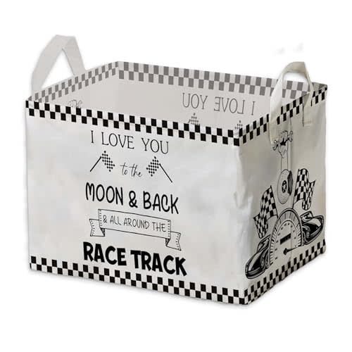 Race Car Storage Basket for Boys, Boys Checkered Basket, Race Flag Kids Baby Storage Bin Toy, Car Themed Room Decor for Nursery, Large Squarecanvas Laundry Hamper With A Waterproof PECoating, Foldable