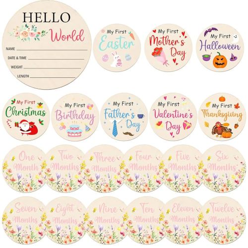 Wildflower Monthly Baby Milestone Signs, 11PCS Wooden My First Holiday Milestone Cards Newborn Halloween Christmas Gift, Baby Announcement and Hello World Newborn Sign