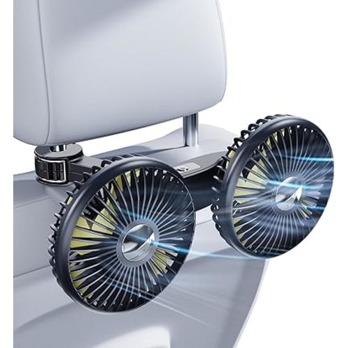 Dual Head Car Fan for Backseat,Battery Powered USB C Rechargeable Car Back Seat Fans for Kids Baby Dog,360° Rotatable 3 Speeds Rear Headrest Cooling Fans,Carseat Cooler Fan That Blow Cold Air