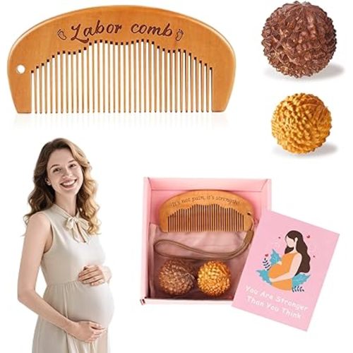 3 Pcs Birthing Comb & Acupressure Massage Ball Set, Wooden Labor Comb for Pain, Delivery Essentials Pregnancy Must Haves, New Mom Gifts for Labor Pain Relief