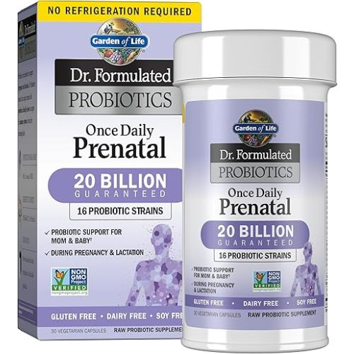 Garden of Life Dr. Formulated Probiotics Once Daily Prenatal - Acidophilus and Bifidobacteria Probiotic Support for Mom and Baby – Shelf Stable - Gluten, Dairy, and Soy-Free - 30 Vegetarian Capsules