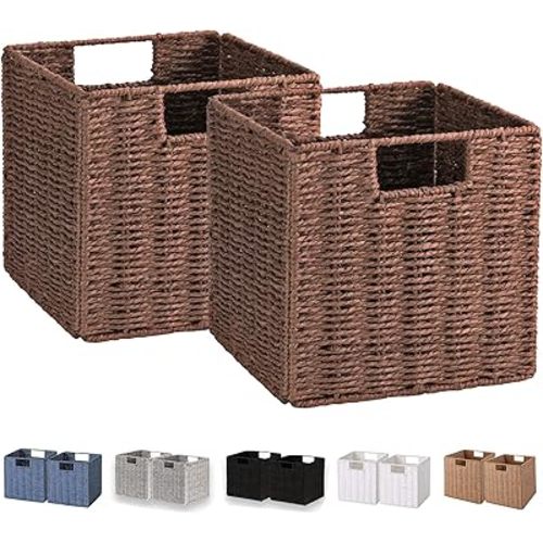 Vagusicc Wicker Storage Basket, Set of 2 Hand-Woven Storage Baskets for Shelves, Foldable Cube Storage Baskets Bins with Handles, 9 inch Small Wicker Baskets for Organizing Pantry Bedroom, Brown