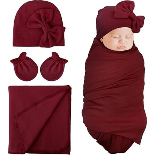 DRESHOW BQUBO Newborn Receiving Blanket Bow Hat Gloves Set Cotton Warm Baby Swaddle Blanket Wrap Baby Sleep Sack Shower Gift