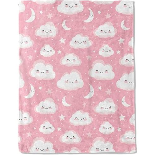 Cute Cloud and Moon Fleece Blanket - Lightweight Soft Cozy Gifts Throw for Animal Lovers,Kids,Girls,Women,Sweet Star Pink Blankets,Home Room Modern Decor 50x60in