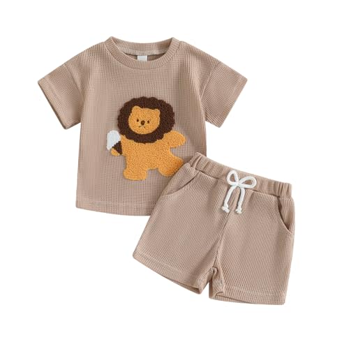 Toddler Baby Boy Summer Outfit Lion Embroidered Short Sleeve T-Shirt Tops Pockets Shorts Waffle Knit Clothes Set
