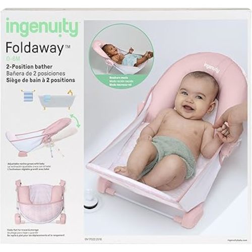 Ingenuity Foldaway 2-Position Bather, 2-Position Adjustable Support Baby Bath seat for Sink or Bathtub, Ages 0-6 Months, up to 20 pounds, Pink