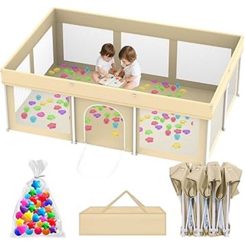 Foldable Large Baby Playpen for Babies and Toddlers, 50"×71" Portable Playard with Carry Bag & 100 Ocean Balls, Indoor & Outdoor Baby Fence with Thick Mesh, No Assembly Required, Beige