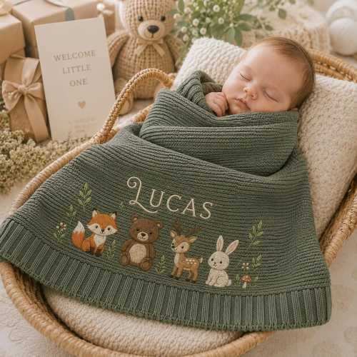 Personalized Woodland Animals Baby Blanket, Embroidered Forest Friends Knit Keepsake