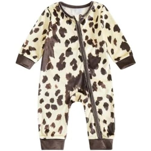 Lefyira Western Baby Girl Jumpsuit Long Sleeve Zipper Romper Cow Print Bodysuit Newborn Cowgirl Outfit Infant Fall Clothes