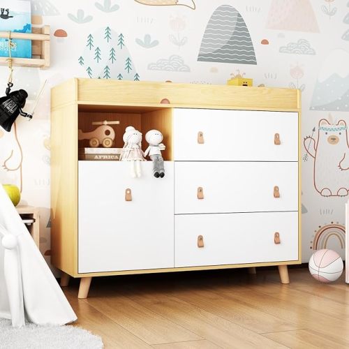 Baby Dresser Changing Table with Drawers,Shelf,Hidden Laundry Basket Storage,2 in 1 Nursery Dresser Chest for Infants, Baby Diaper Changing Station for Daycare,Bedroom,Natural