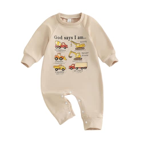 Lenjindjer Newborn Baby Boy Fall Clothes Long Sleeve Construction Truck Print Jumpsuit Playsuit Infant One Piece Outfit 0-18M