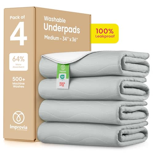 IMPROVIA® Washable Underpads 34" x 36" Pack of 4 Heavy Absorbency Reusable Bedwetting Incontinence Pads for Adults, Kids, & Pets - Waterproof Protective Pad for Bed, Couch, Sofa, Floor (Gray & White)