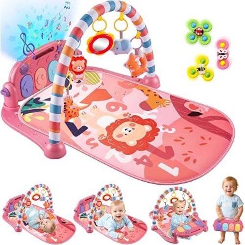 Joryuek Baby Play Mat, Tummy Time Mat with Piano Music and Lights, Baby Activity Play Gym with Sensory Development Toys, Boy and Girl Gifts for Newborn Infant Aged 0 to 3 6 9 12 Months(Sweet Pink)