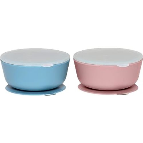 WeeSprout Suction Bowls for Baby & Toddlers (Set of 2) - 100% Silicone w/Plastic Lid - Leak Proof Feeding Supplies - Dishwasher & Microwave Safe Infant Dinnerware w/Extra Strong Base