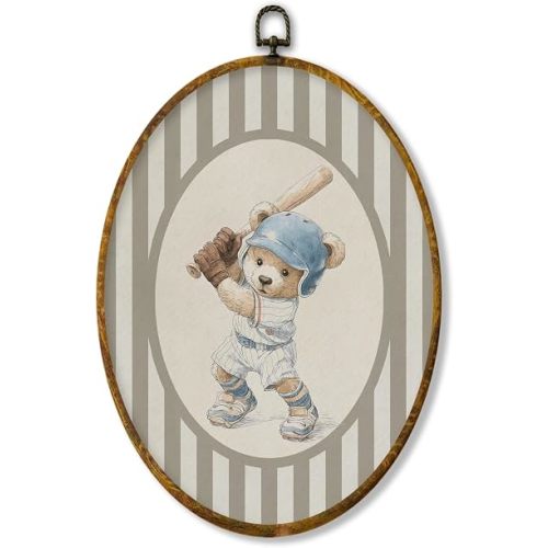 XPH Baseball Bear Nursery Oval Wall Art Framed, Sports Oval Wall Decor, Neutral Striped Baseball Player Bear Hanging Canvas Prints for Home Kids Boys Room Bedroom Playroom Decoration, 8.6x11.4 Inch