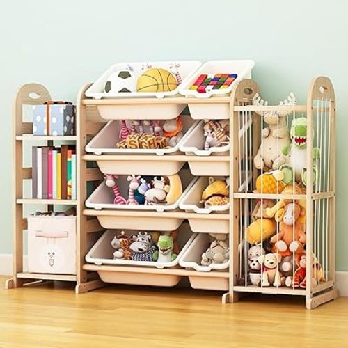 Wooden Toy Storage Organizer, Toy Organizers & Storage with Stuffed Animal Storage, Toy Storage Shelf with 3 Shelves, 8 Storage Bins, Kids Bookshelf, Toy Holder for Toddler Rooms, Playrooms, Bedrooms