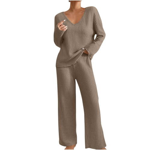 YUGYXL Lounge Sets for Women 2 Piece Postpartum Maternity Pajama Set Soft Ribbed Knit Long Sleeve Top Pants Matching Set Brown S
