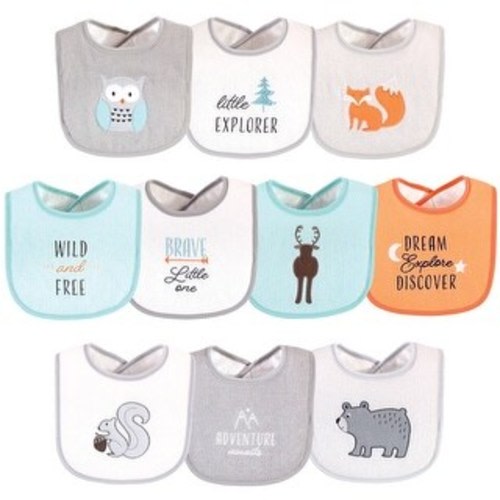 Hudson Baby Unisex Baby Cotton Terry Drooler Bibs with Fiber Filling, Neutral Woodland, One Size - Neutral Woodland - One Size
