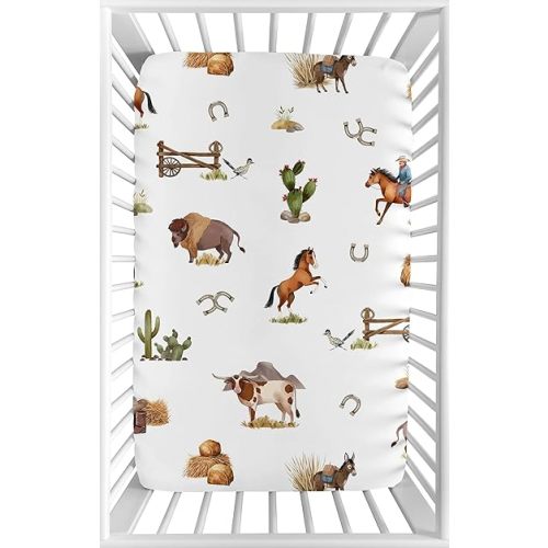 Sweet Jojo Designs Baby Fitted Mini Crib Sheet (Western Cowboy) for Boys, Newborn/Infant Nursery, Play Yards, Portable Cribs (Country, Wild West, Southern Charm, South, Horse, Steer, Cow, Farm Animal)