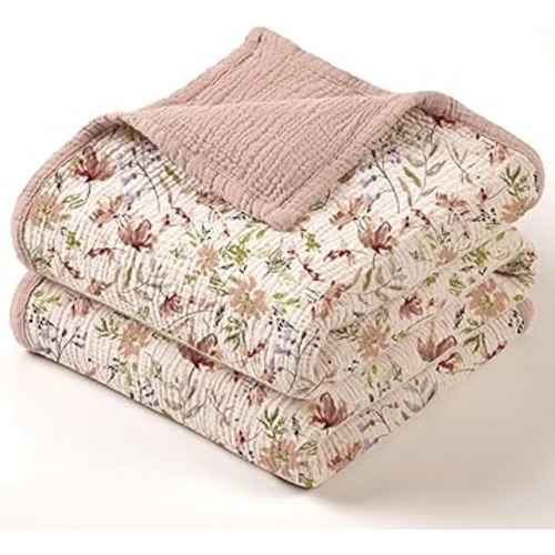 lulumoon Muslin Baby Blanket for Girl: Floral Cotton Toddler Blanket - Soft Lightweight for Nursery & Daycare 47"× 47"(Pink Flower)