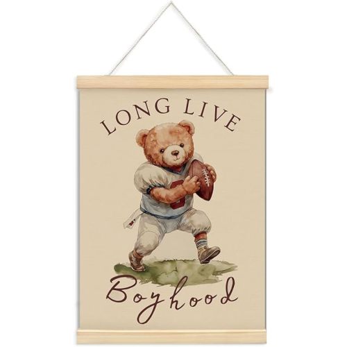 ShowDraven Vintage Sports Nursery Decor Framed with Wood Hanger, Long Live Boyhood Bear Nursery Decor, Sports Room Decor for Boys Kids Room Bedroom Playroom, 12x16 Inches
