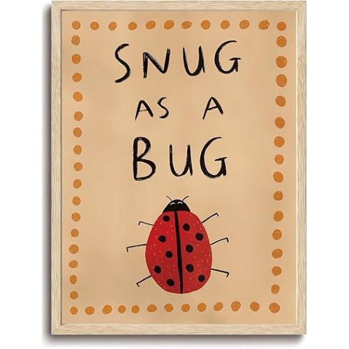 KISSFOX OAK Wood Framed Wall Art Ladybug Wall Decor Sung As A Bug Canvas Art Insect Pictures Cute Paintings Whimsical Artwork Boho Prints For Nursery Kids Children Playroom Boys Girls