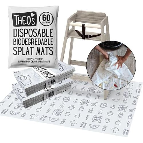 Theo’S Disposable Mats - 60 Count Splat Mat for High Chairs | Baby Led Weaning Supplies, Restaurant Ready, Biodegradable, Compostable
