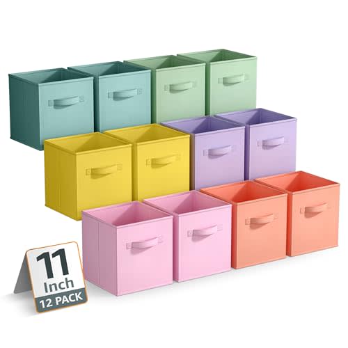 Sorbus Fabric Storage Cubes, 12 Pack (11 Inch, Light Pastels) | Sturdy foldable cube bins with carry handles organize clothes, toys and books on shelves and in closets.