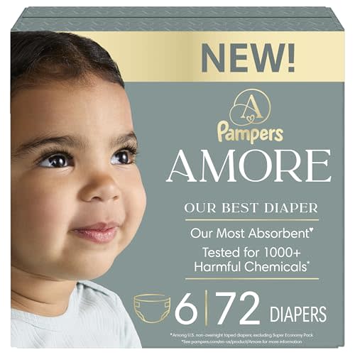 Pampers Amore, Size 6 (23-44 lbs), 72 Count, Our Best Diaper – Hypoallergenic & Fragrance Free, Up to 100% Leakproof, Soft as Cashmere