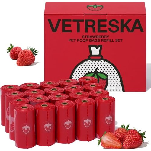 VETRESKA Dog Poop Bag Dispenser with Strawberry Scented Bags, Leak Proof, Extra Thick and Large Pet Waste Bags,1 Count Bag Holder and 105 Bags (7 Refill Rolls) for Walking Dog and Cats Litter, Red
