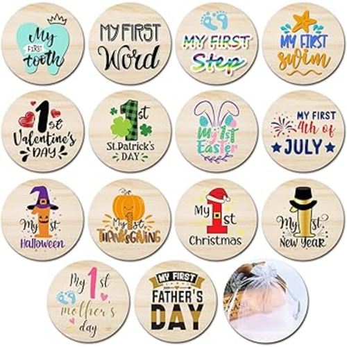 Baby First Holiday Milestone Cards, 7 Pack Double Sided Wooden Baby Milestone Signs for Newborn Girl or Boy, Baby Shower Cards Come with Organza Gift Bag (First Special Moments)