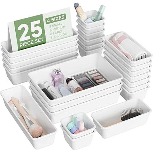 25 PCS Plastic Drawer Organizers Set, 4-Sizes Vanity and Makeup Organizer, Desk and bathroom Drawer Organizer Trays, Organizers and Storage for Makeup, Jewelry, Gadgets, Utensils (White)