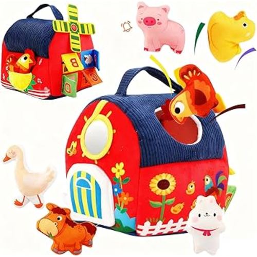 Baby Toys 6-12 Months Montessori Sensory Toy Barn with Stuffed Farm Animals, Rattle, Crinkle for Infants. Portable Learning Gift for 6 Month Old, 1-3 Year Old Toddlers, Christmas Stocking Stuffers