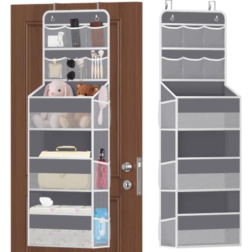 SpaceHacks 5-Tier Over the Door Organizer with Mesh Pockets, Dark Grey | 6 mesh pockets, 3 compartments, adjustable hooks, fits most doors, nursery, closet, bathroom, closet and nursery storage