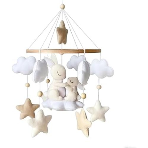 Crib Mobile for Boys Girls, Cute Little Rabbit and Little Bear with Balloon Stars Moon Cloud Boho Gender Neutral Mobile for Baby Nursery Ceiling Mount Unisex (C)