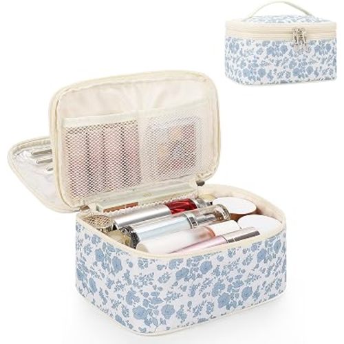 Relavel Travel Makeup Bag, Floral Cosmetic Bag with Brush Compartment