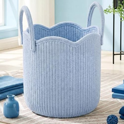 Blue Scalloped Woven Blanket Basket 12" x 12" x 12" Cotton Rope Laundry Basket Hamper Cute Round Decorative Storage Bin with Handles for Baby Nursery Living Room Bedroom Bathroom